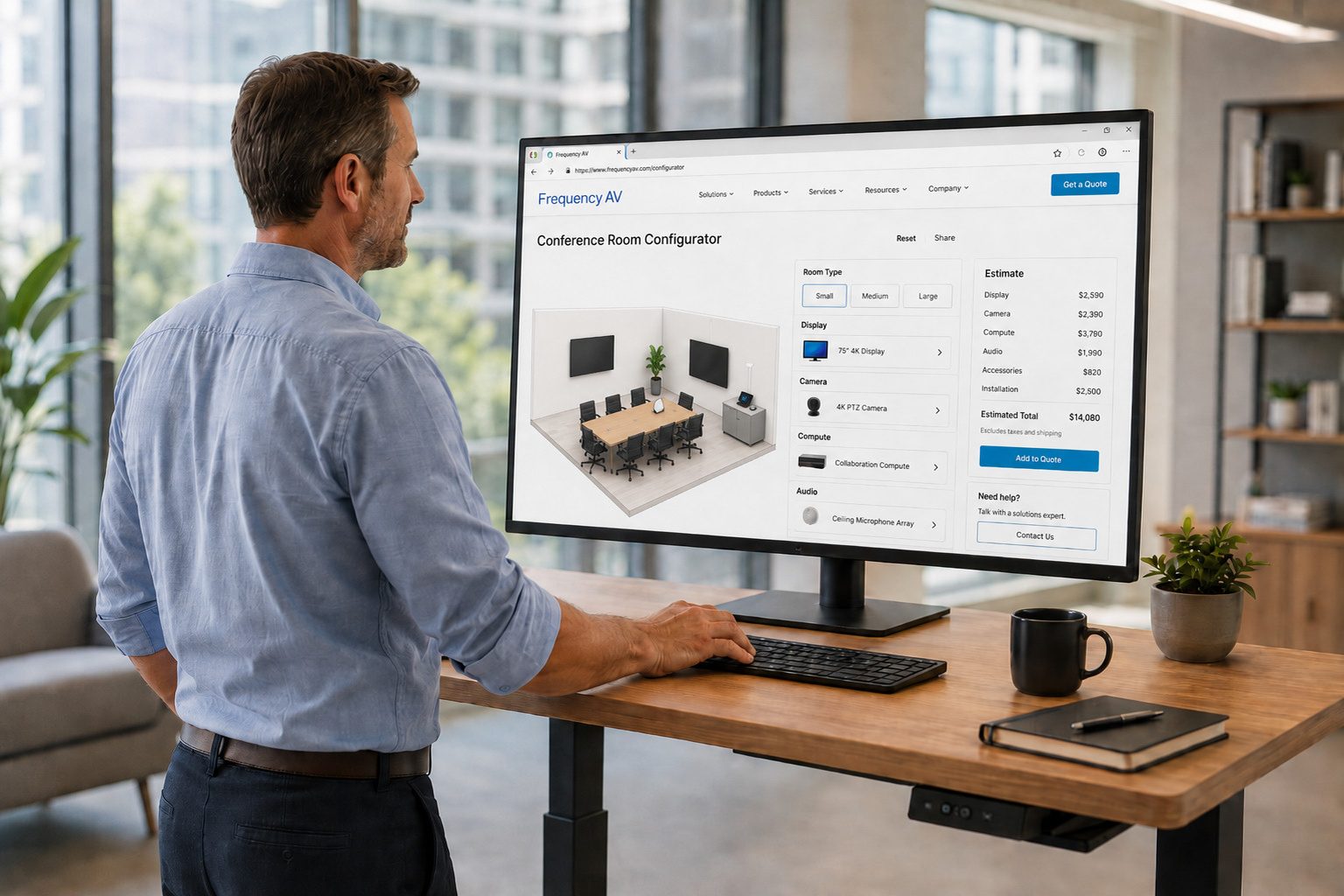 Facilities manager configuring a conference room and viewing pricing in the Frequency Room Configurator